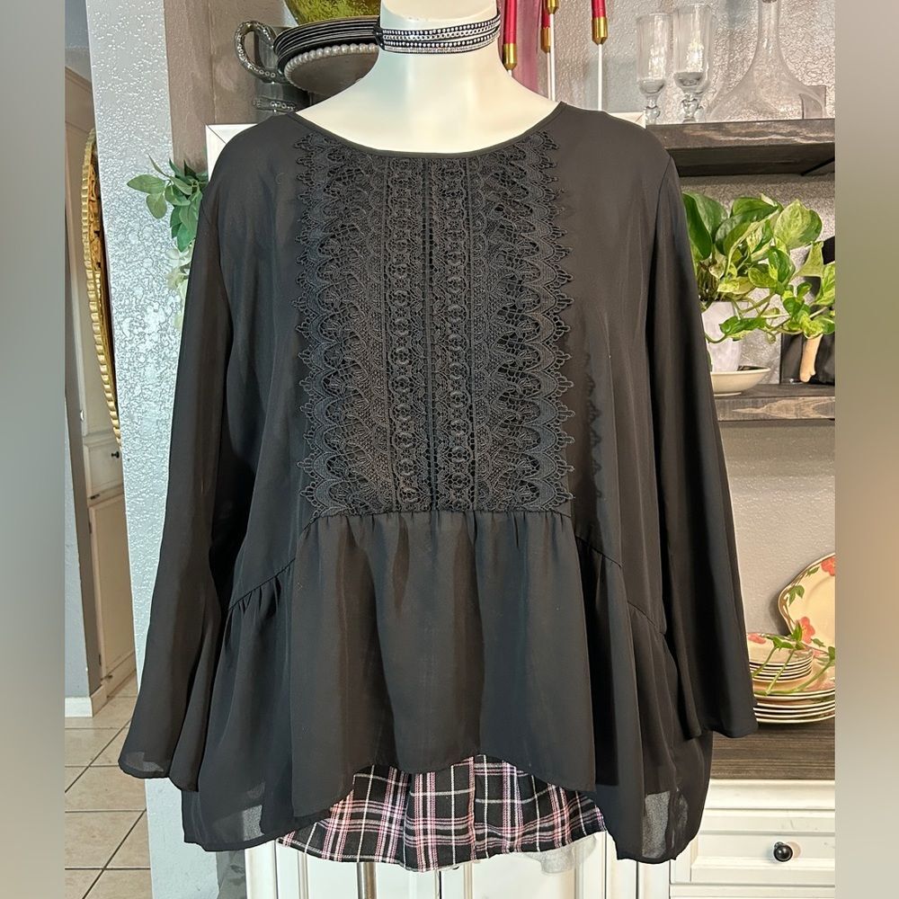 Black Lace Front Peplum Chiffon Blouse Plus Size 4XL or size 34/36 Classy Flowy